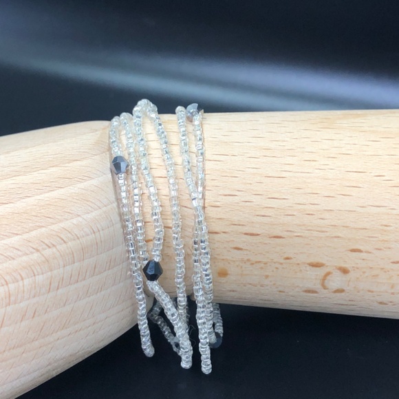 Multi Strand Tiny Silver Glass Seed Beads Stretch Stacking Beaded Bracelets - Picture 7 of 11